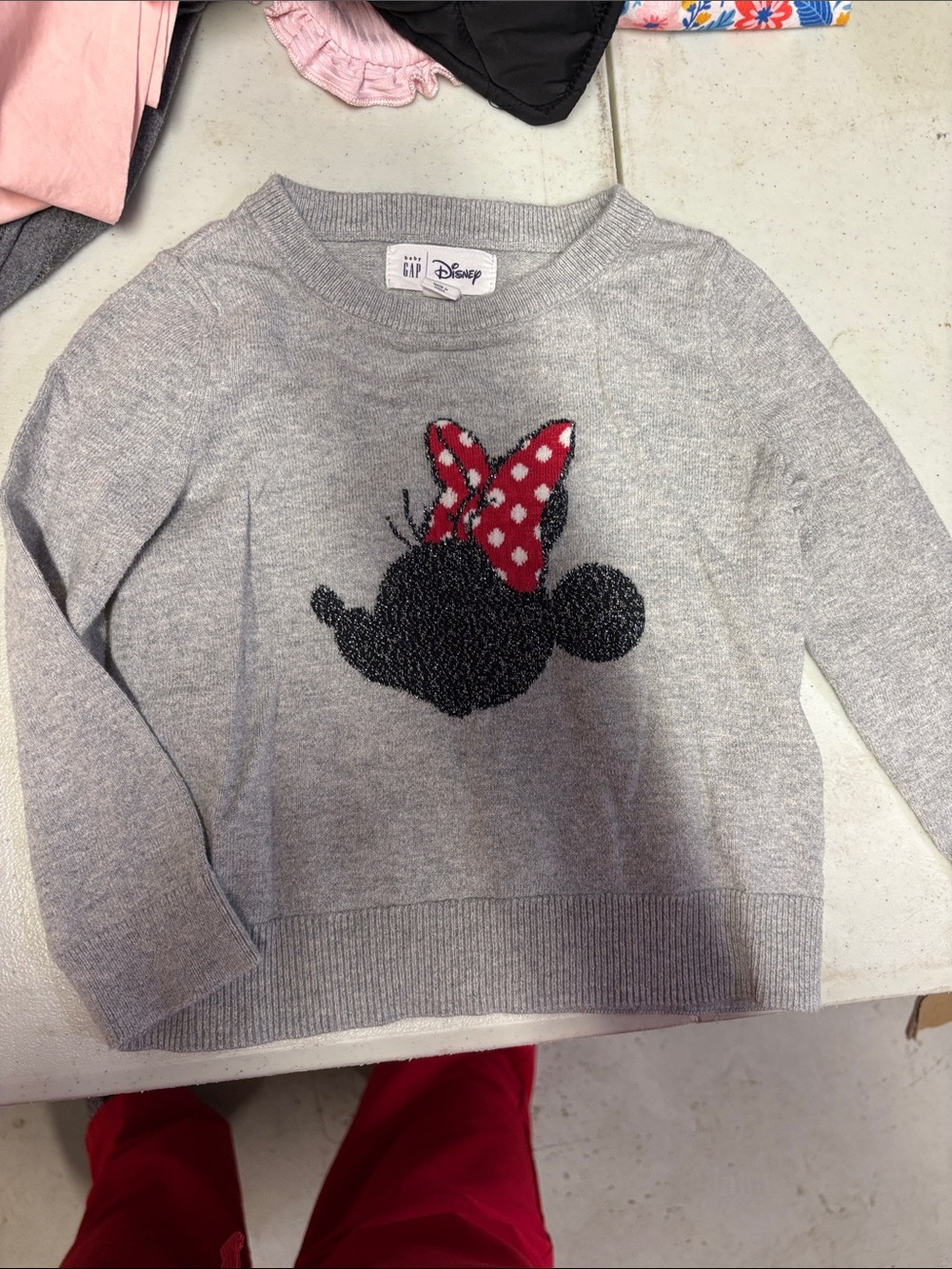 GAP Disney Gray Sweater with Black Minnie Silhouette and Red Polka Dot Bow
